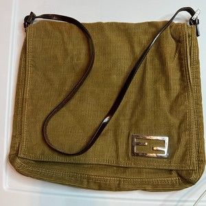 Rare Fendi FF Logo Mamma Baguette Bag Corduroy Brown Authentic